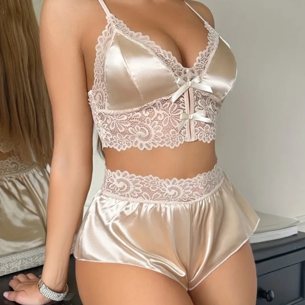 Elegant Lace Satin Lingerie Set in Cream